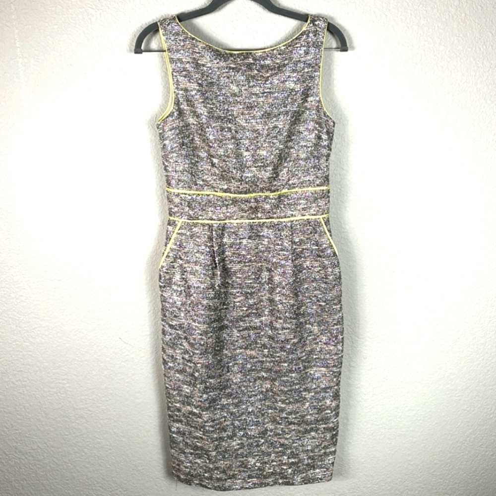 Badgley Mischka Collection Tweed Pewter Gold Metallic Party Sheath Dress Sz 6